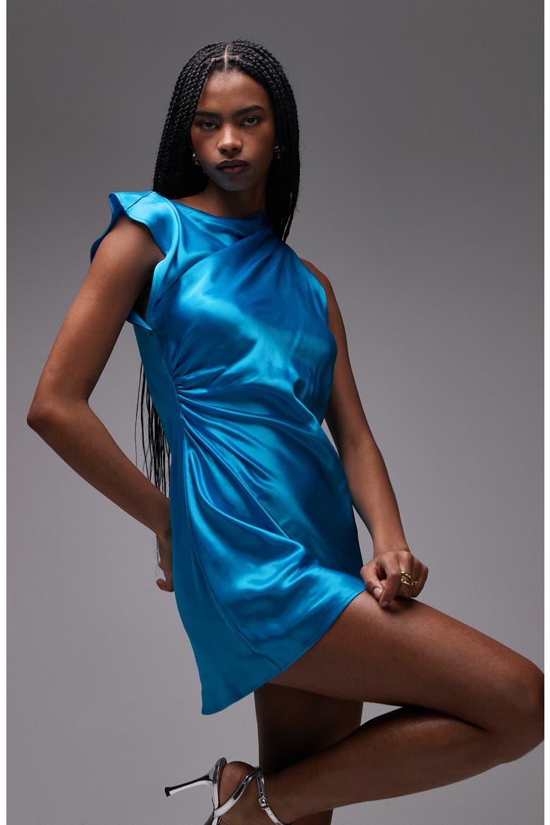 Asymmetric Satin Minidress, Alternate, color, BLUE