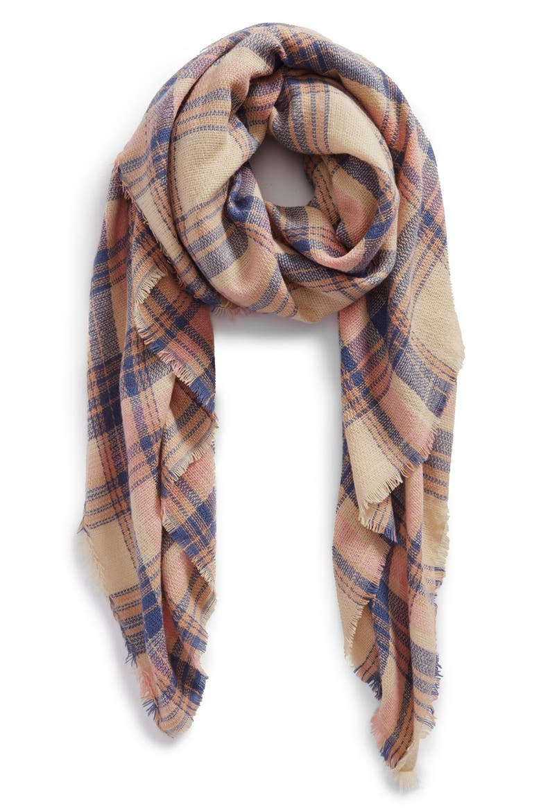 'Pretty Plaid' Oblong Scarf, Main, color, TAN MULTI