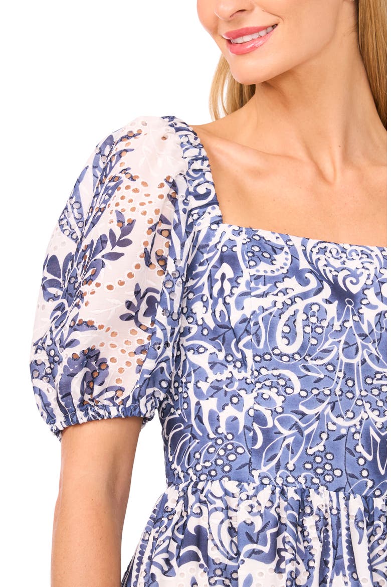 Print Eyelet Puff Sleeve Midi Dress, Alternate, color, CLASSIC NAVY