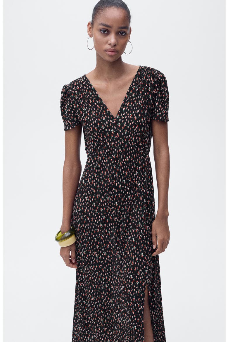 Floral Print Midi Dress, Alternate, color, BLACK
