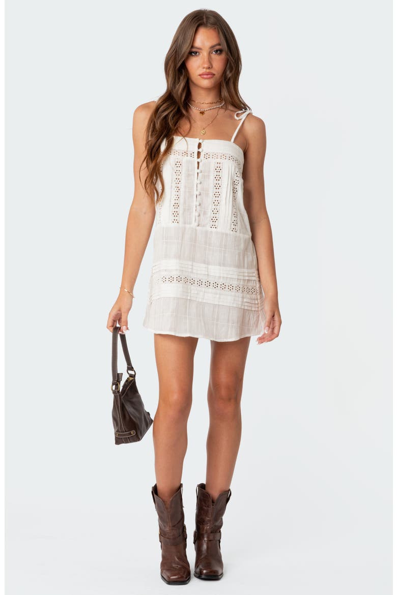 August Eyelet Tie Strap Cotton Minidress, Alternate, color, WHITE