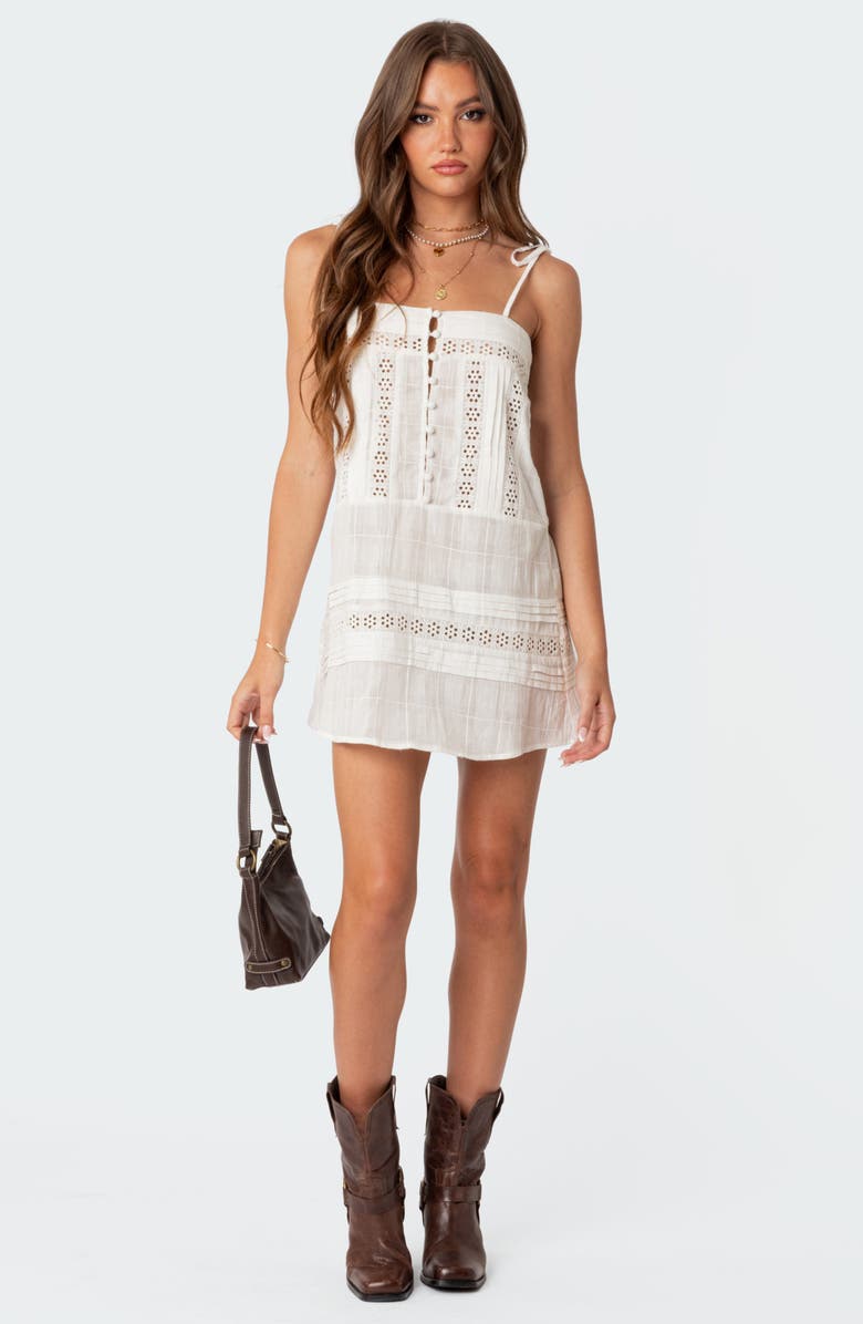 EDIKTED August Eyelet Tie Strap Cotton Minidress, Alternate, color, White