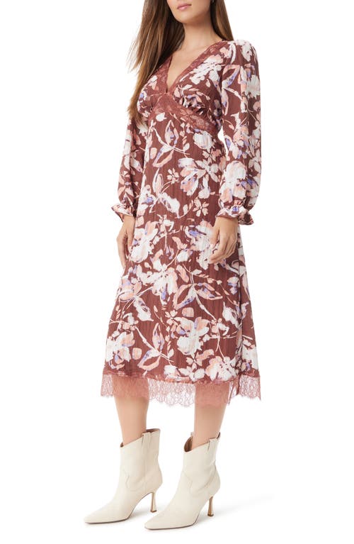 Sam Edelman Camila Lace Detail Floral Long Sleeve Midi Dress In Bitter Chocolate-brush