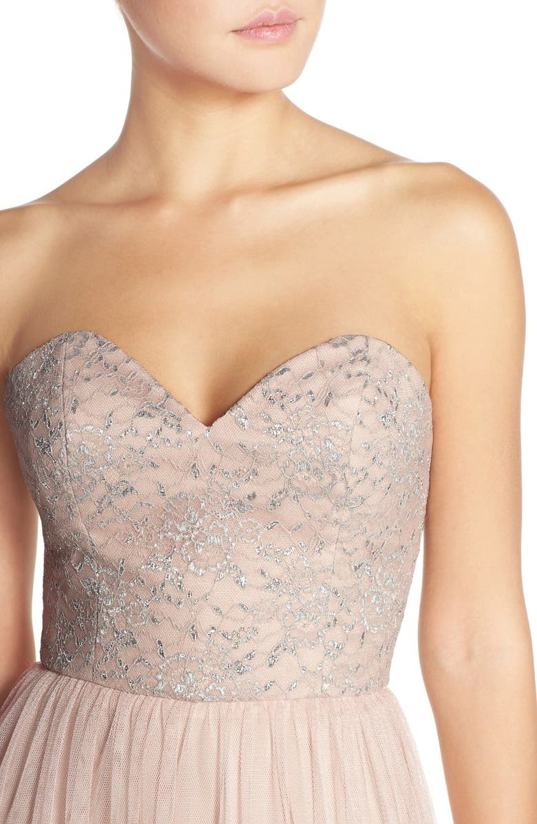 Hayley Paige Occasions Strapless Metallic Lace & Net Gown, Alternate, color,