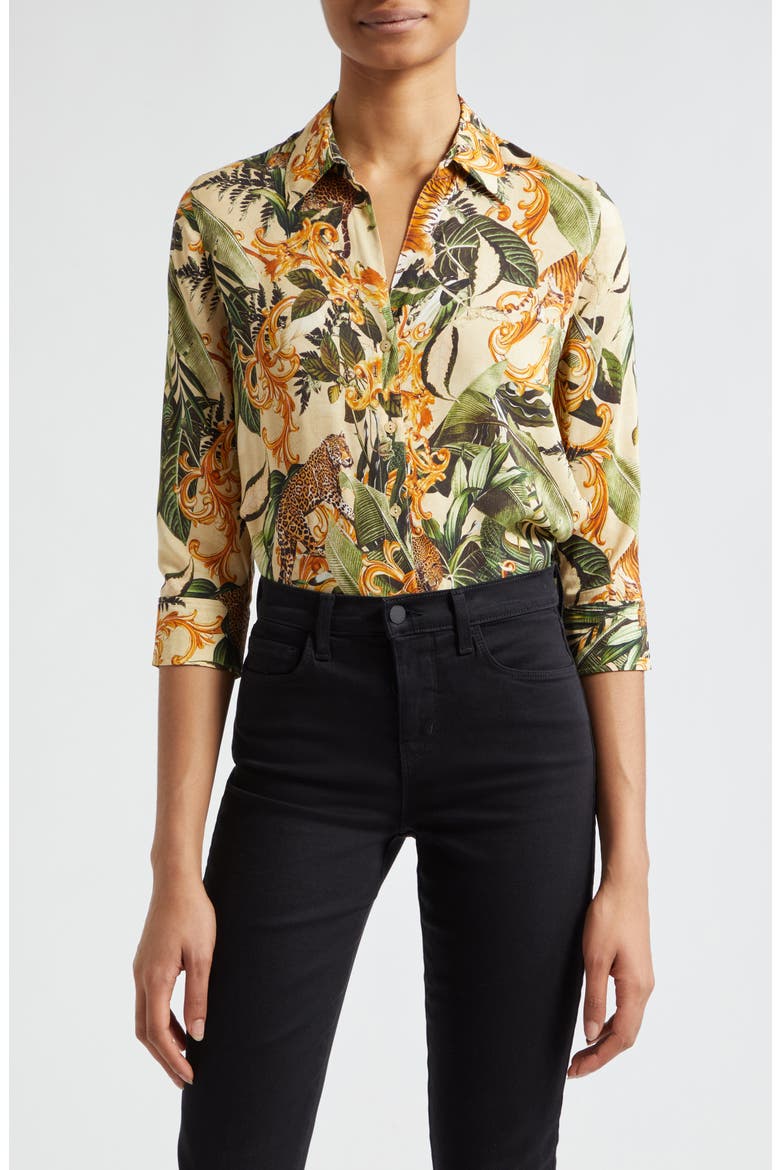 Camille Print Button-Up Shirt, Main, color, ECRU MULTI ROCOCO JUNGLE