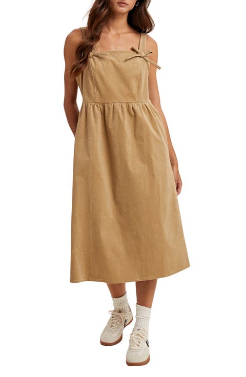 Corduroy Bow Strap Overalls Midi Dress