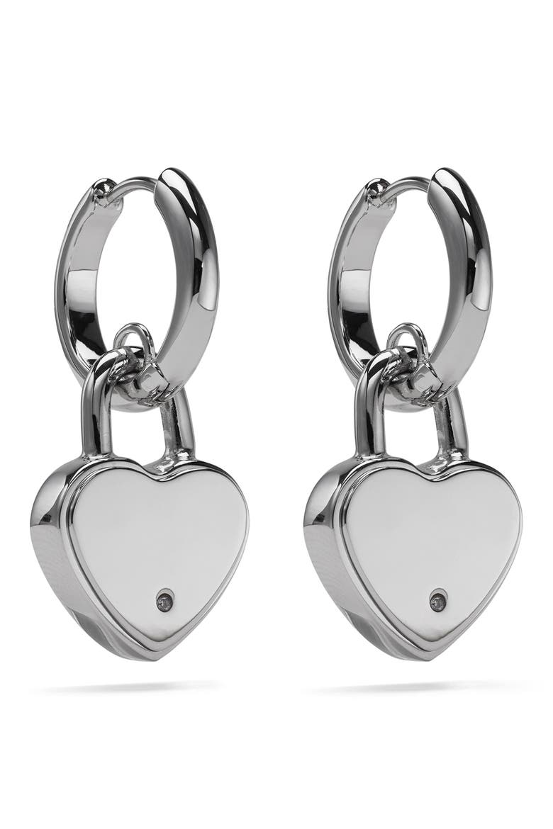 Heart Padlock Huggie Hoop Earrings, Alternate, color, SILVER