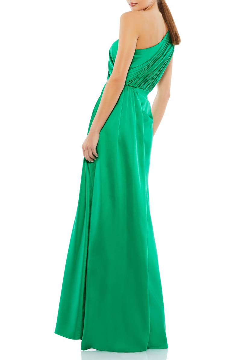 Mac Duggal Gathered One Shoulder Satin Faux Wrap Gown, Alternate, color, Emerald
