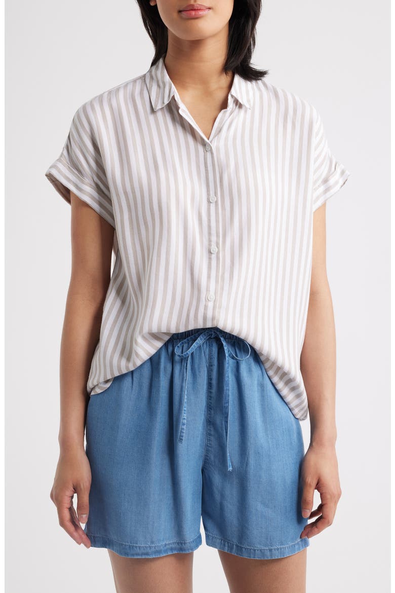 Kenzie Stripe Short Sleeve Button-Up Shirt, Main, color, SANDY SHORE