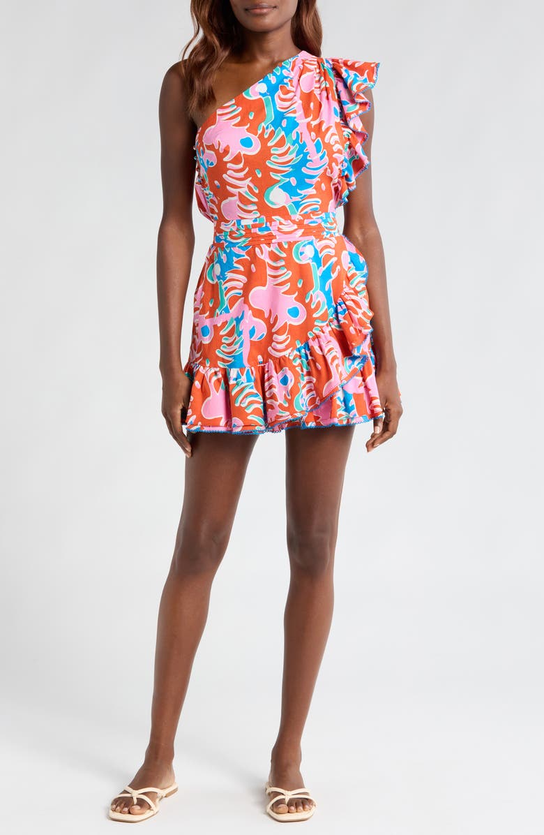 Poupette St Barth Corinne Abstract Print One-Shoulder Cotton Cover-Up Minidress, Main, color,