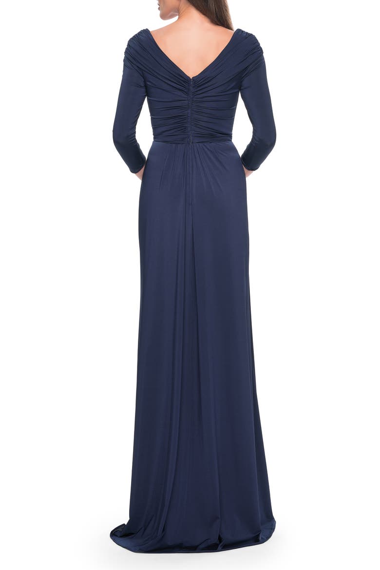 Ruched Long Dress with Ruffle Skirt Detail and Sleeves, Alternate, color, Navy