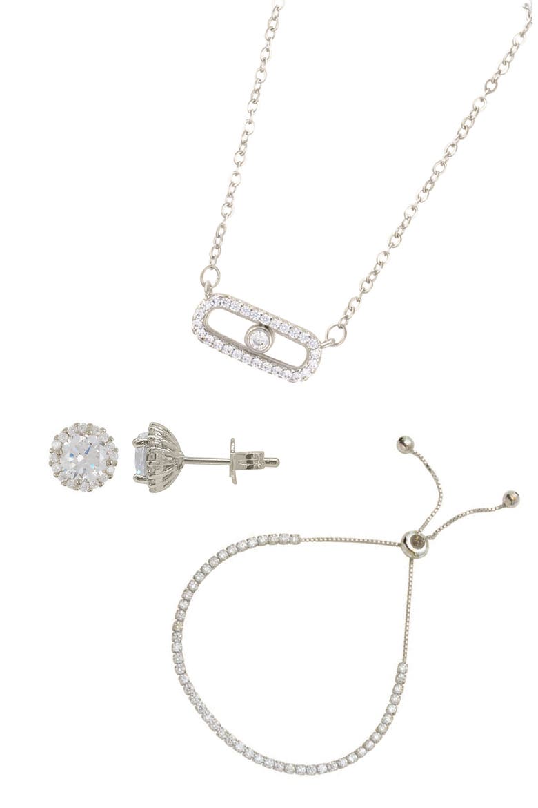 Cubic Zirconia Stud Earrings, Necklace & Bracelet Set, Main, color, SILVER