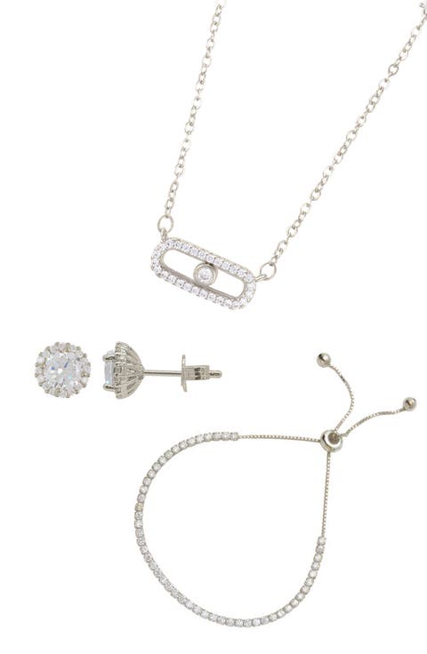 Cubic Zirconia Stud Earrings, Necklace & Bracelet Set