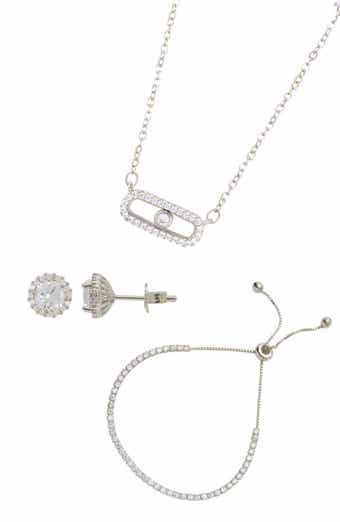 Cubic Zirconia Stud Earrings, Necklace & Bracelet Set