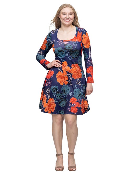 24seven Comfort Apparel Floral Print Long Sleeve Knee Length Dress In Multi