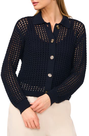 HALOGEN HALOGEN® RECYCLED POLYESTER OPEN WEAVE COLLAR CARDIGAN 