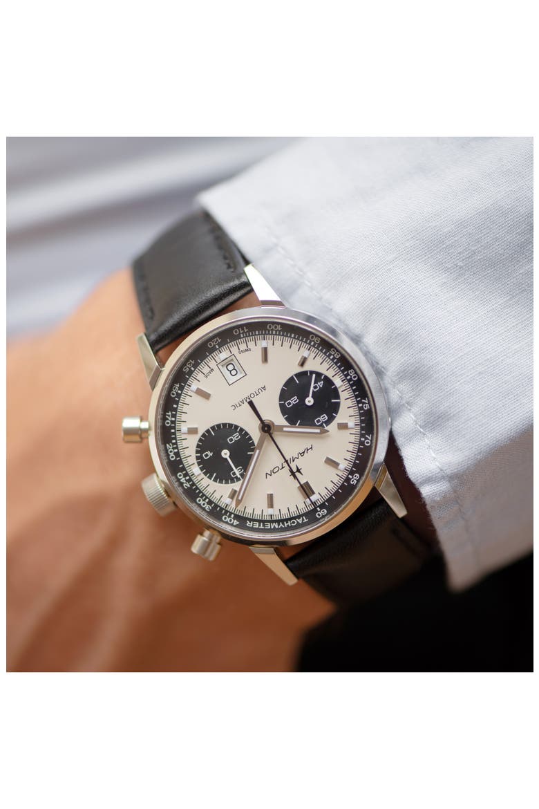 American Classic Intra-Matic Automatic Chronograph Leather Strap Watch, 40mm, Alternate, color, WHITE