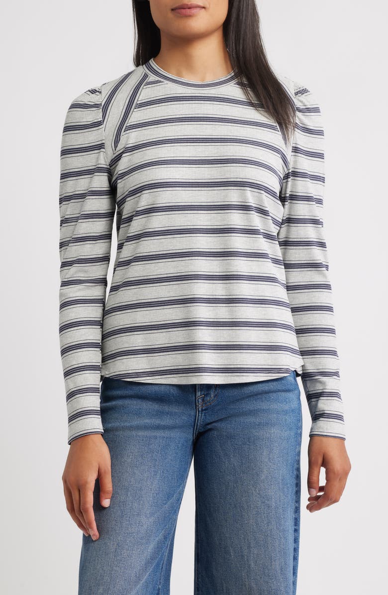 Wit & Wisdom Stripe Puff Shoulder Knit Top, Main, color, Heather Grey/ Navy