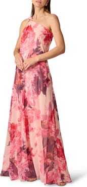Aidan Mattox Print One-Shoulder Chiffon Gown