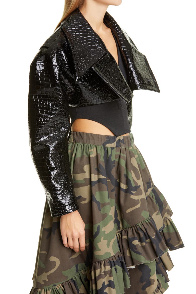 Croc Embossed Faux Patent Leather Crop Jacket, Alternate, color, BLACK