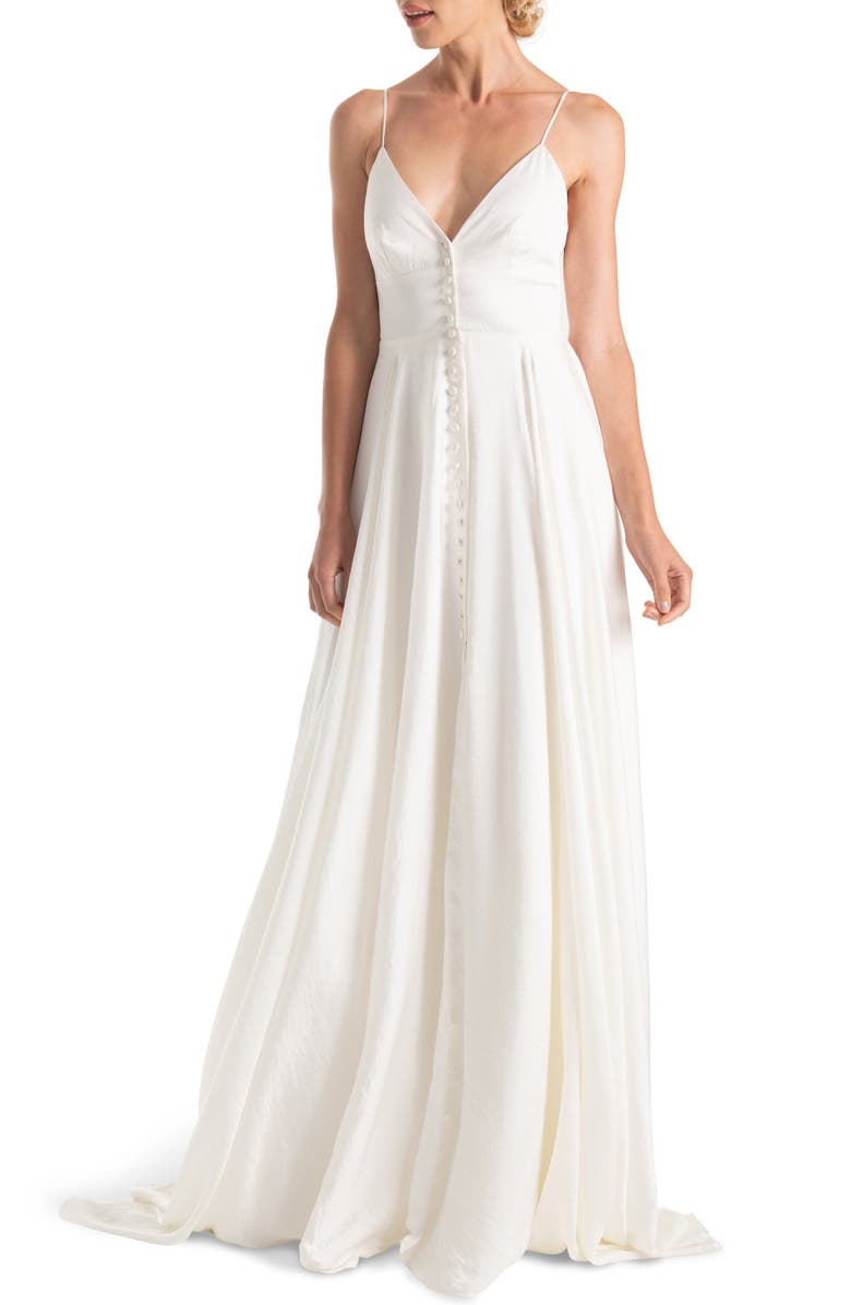 Joanna August Nancy Button Front A-Line Wedding Dress, Main, color, 