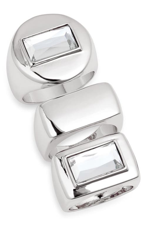 Open Edit Set of 3 Polished Metal Rings in Clear- Rhodium 