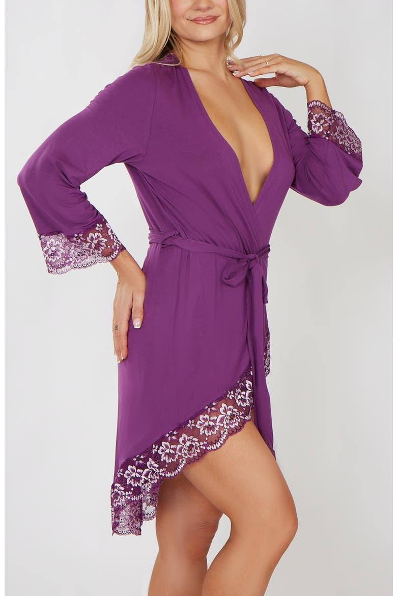Premium Modal High-Low Robe with Scalloped Lace, Alternate, color, Plum