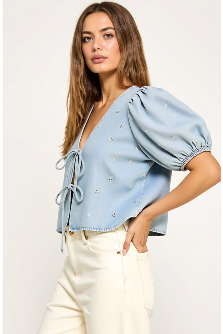 Embroidered Bow Puff Sleeve Top with Front Tie Detail and V-Neckline, Alternate, color, Light Blue