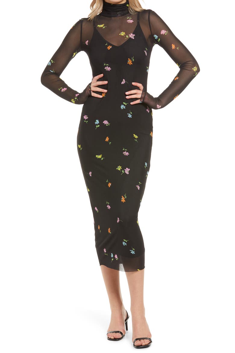 Shailene Sheer Long Sleeve Dress, Main, color, NOIR SPRING GARDEN DISTY