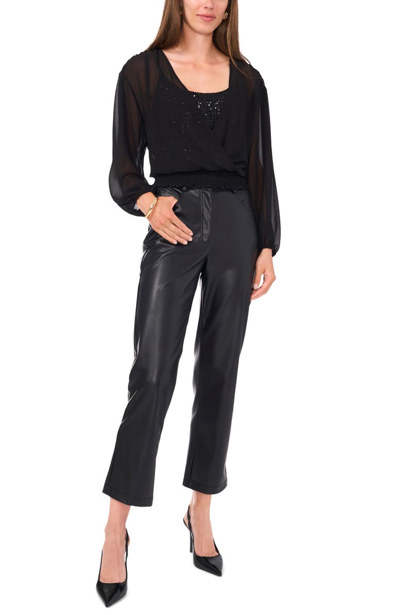 Vince Camuto Sequin Surplice Long Sleeve Top, Alternate, color, Rich Black