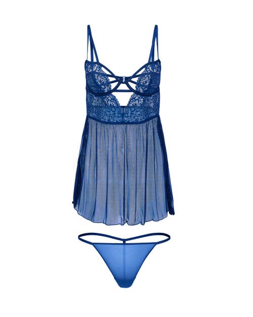 Adore Me Rae Unlined Babydoll & G-string Set Lingerie In Blue