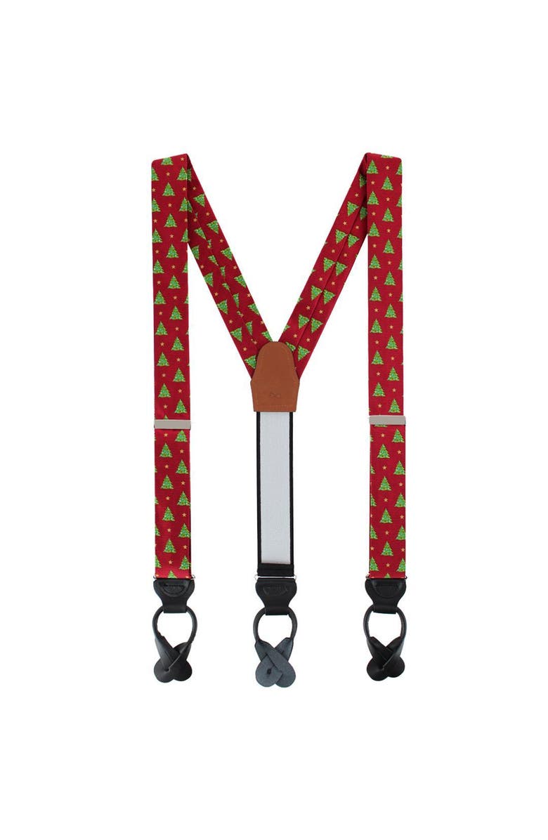 Trafalgar Oh Christmas Tree Novelty Silk Button End Suspenders, Alternate, color, Red