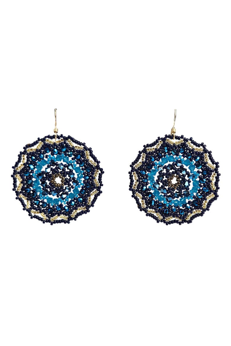 Dreamer Blue and Navy Hand-Beaded Mandala Drop Earrings, Main, color, Blue