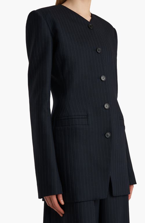 Khaite Naran Pinstripe Single Breasted Stretch Virgin Wool & Cotton Blazer In Blue