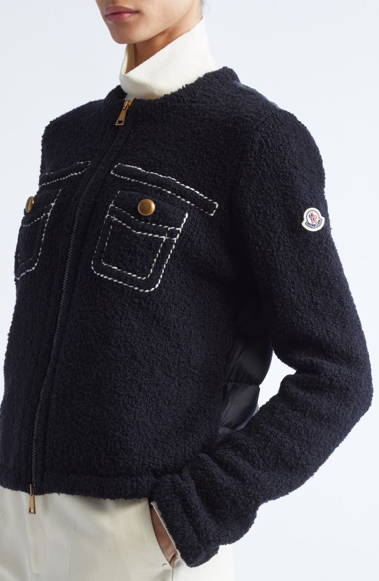 Moncler Trompe l'Oeil Bouclé Knit & Down Cardigan, Alternate, color, Navy Blue