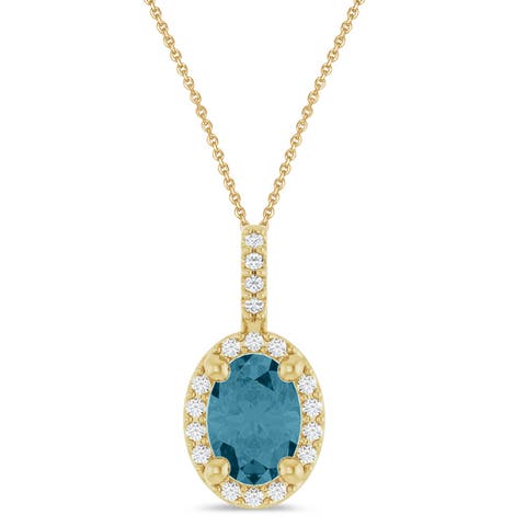 Oval Lab  Aquamarine & Diamond Halo Pendant Necklace 14K