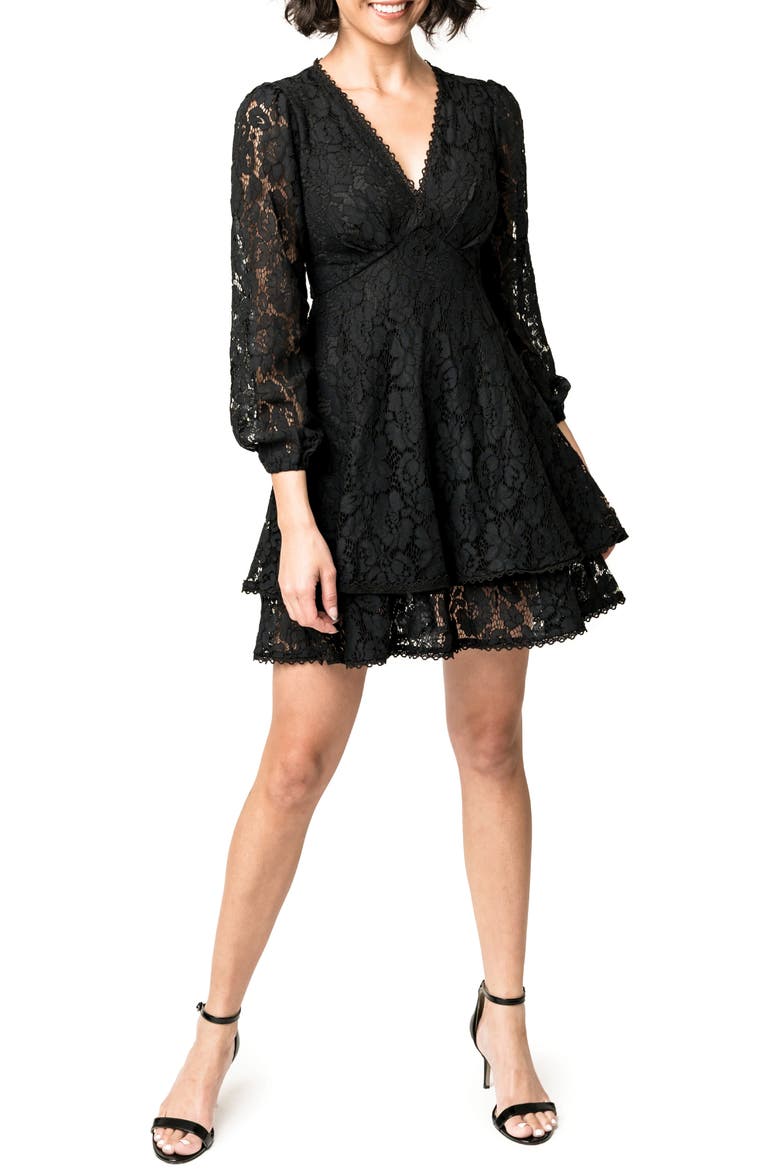 Lace Long Sleeve Fit & Flare Minidress, Main, color, BLACK