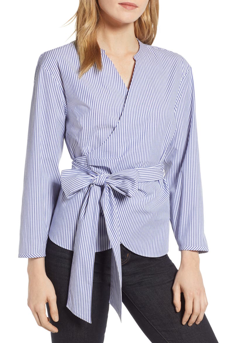 Stretch Cotton Stripe Wrap Top, Main, color, BLUE