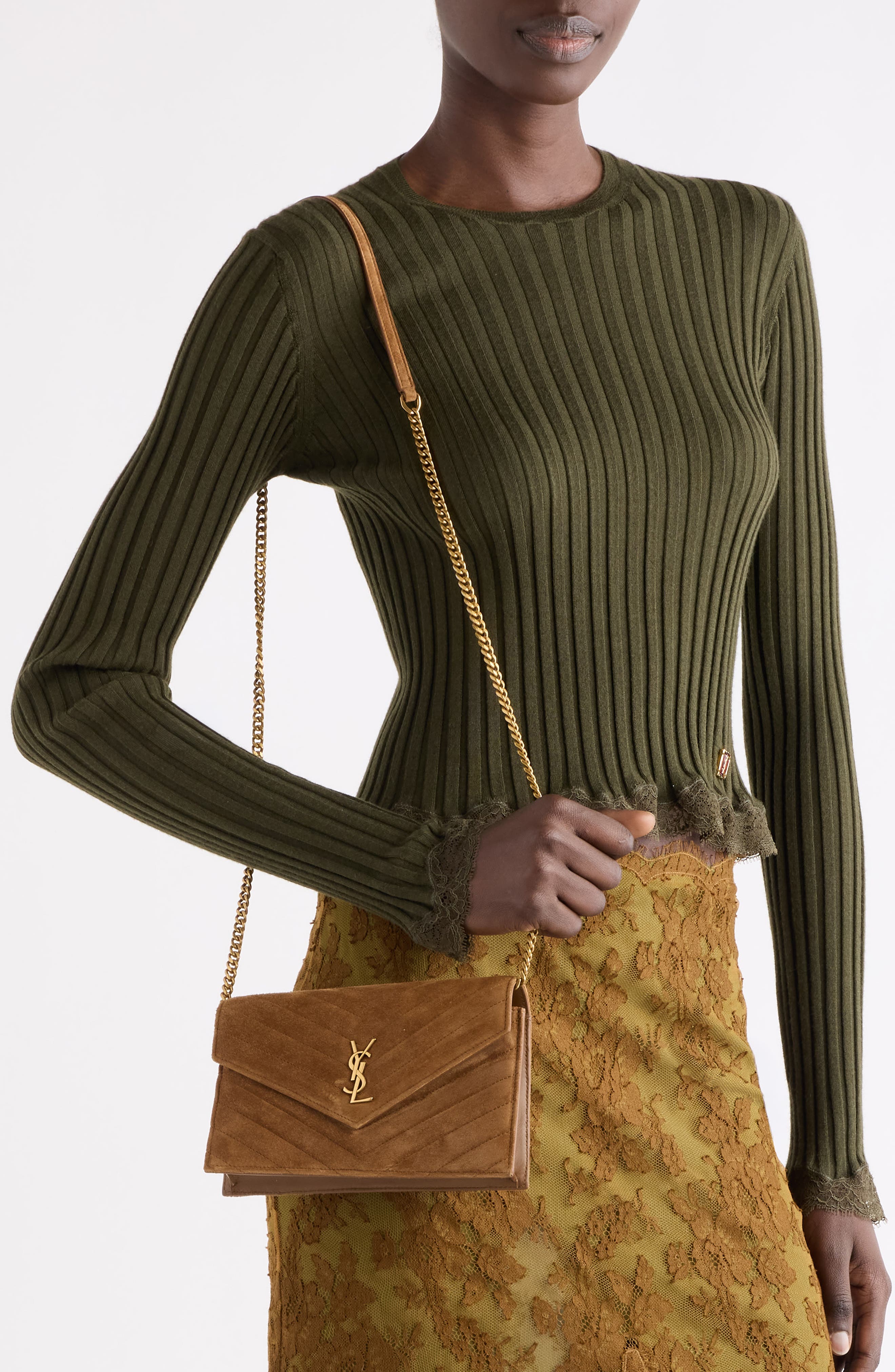 Envelope Leather Chain Wallet, Alternate, color, CARAMEL COGNAC