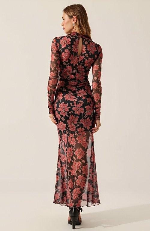 Modenaire Ornate Floral Mesh Maxi Dress With Mock Neck In Multi