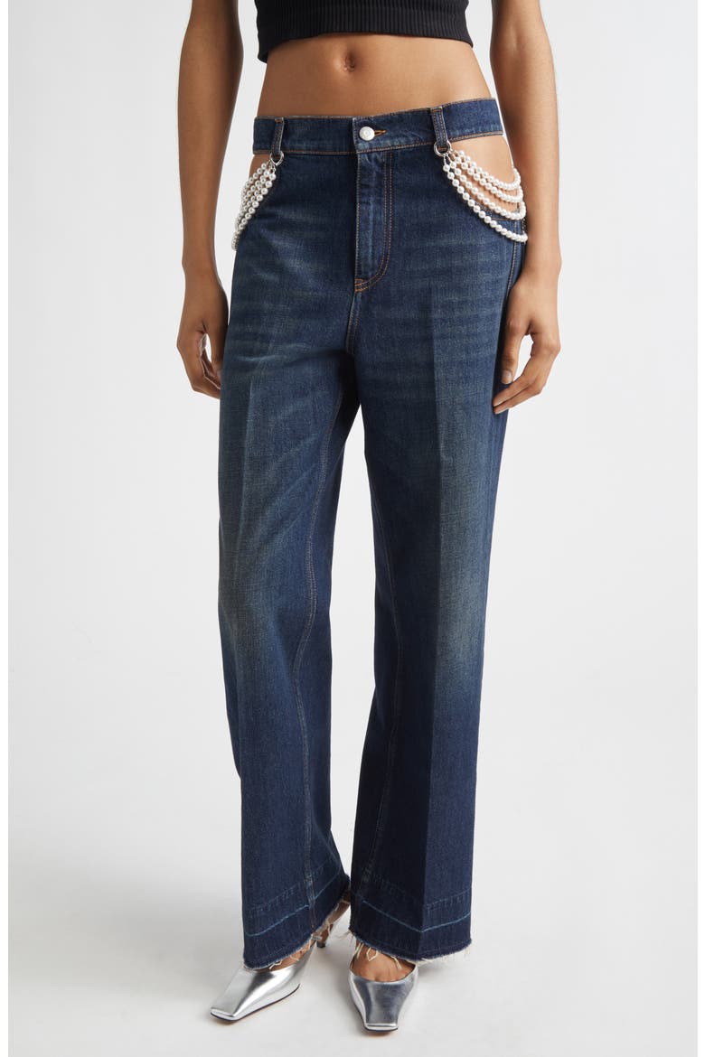 Faux Pearl Embellished Cutout Release Hem Straight Leg Jeans, Main, color, DARK BLUE