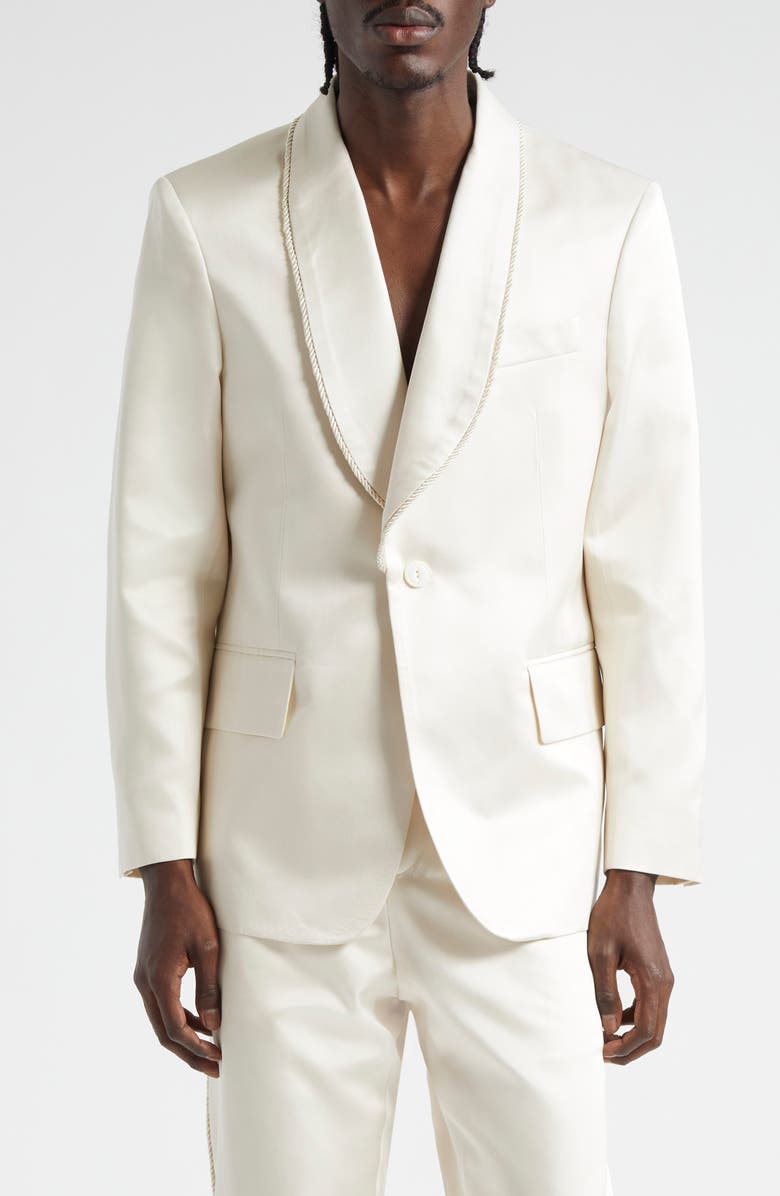 Bode Shawl Collar Silk Twill Tuxedo Jacket, Main, color, Ecru