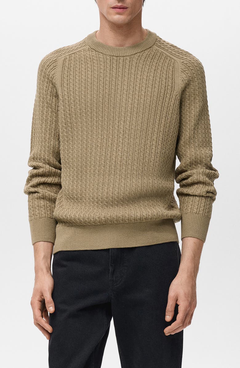 MANGO Cabled Cotton Crewneck Sweater, Main, color, Sand