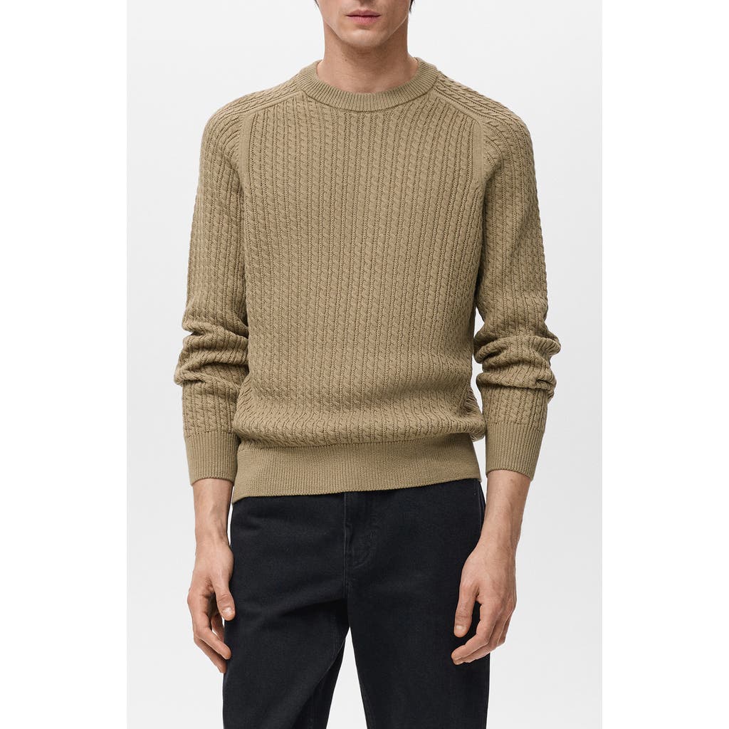 Mango Cabled Cotton Crewneck Sweater In Green