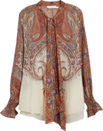 Tシャツ・カットソー Zimmermann FW25 Rhiannon Tie Neck Blouse (3236TSS251 CMP) Rhiannon Tie Neck Blouse Cream Paisley Online | Zimmermann