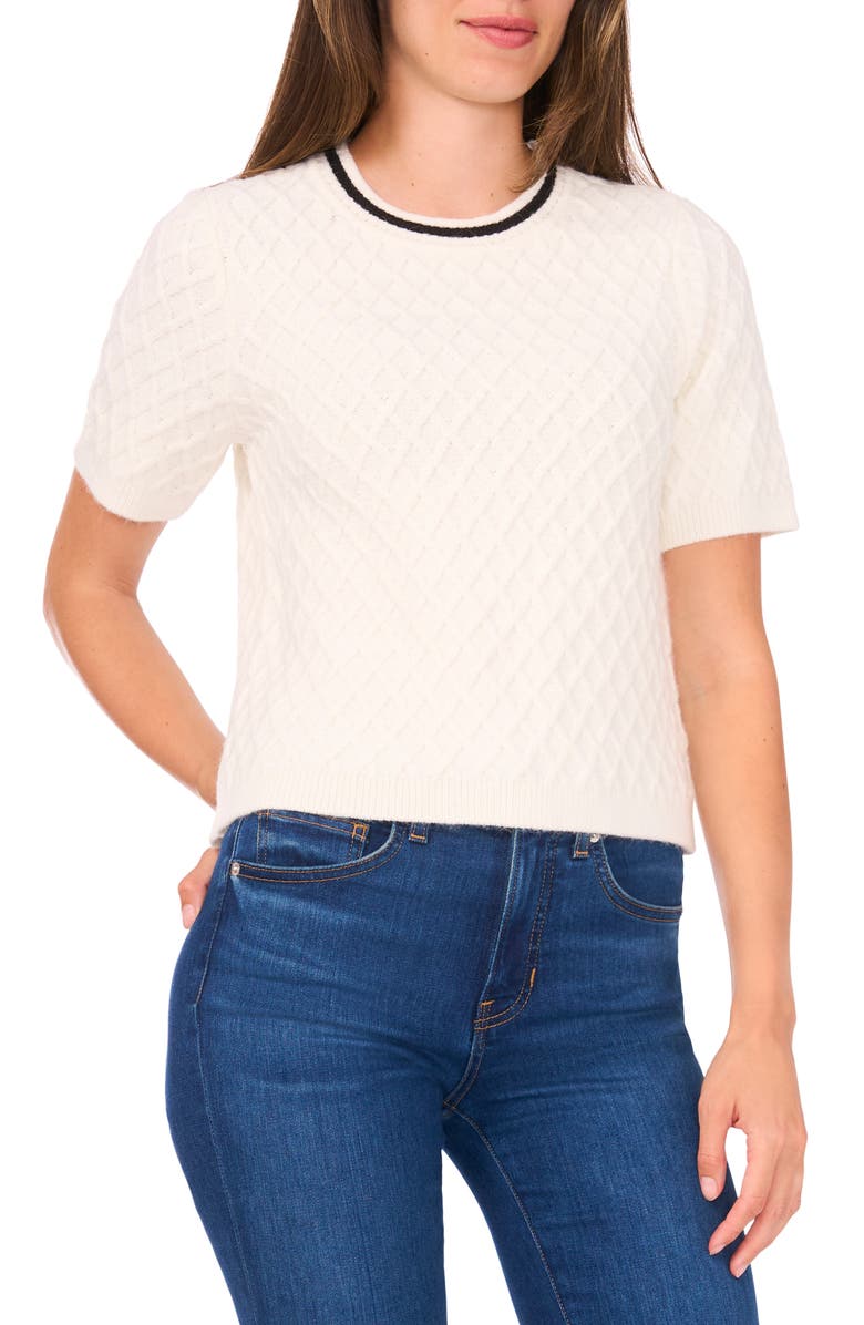 Halogen<sup>®</sup> Diamond Stitch Short Sleeve Sweater, Main, color, New Ivory