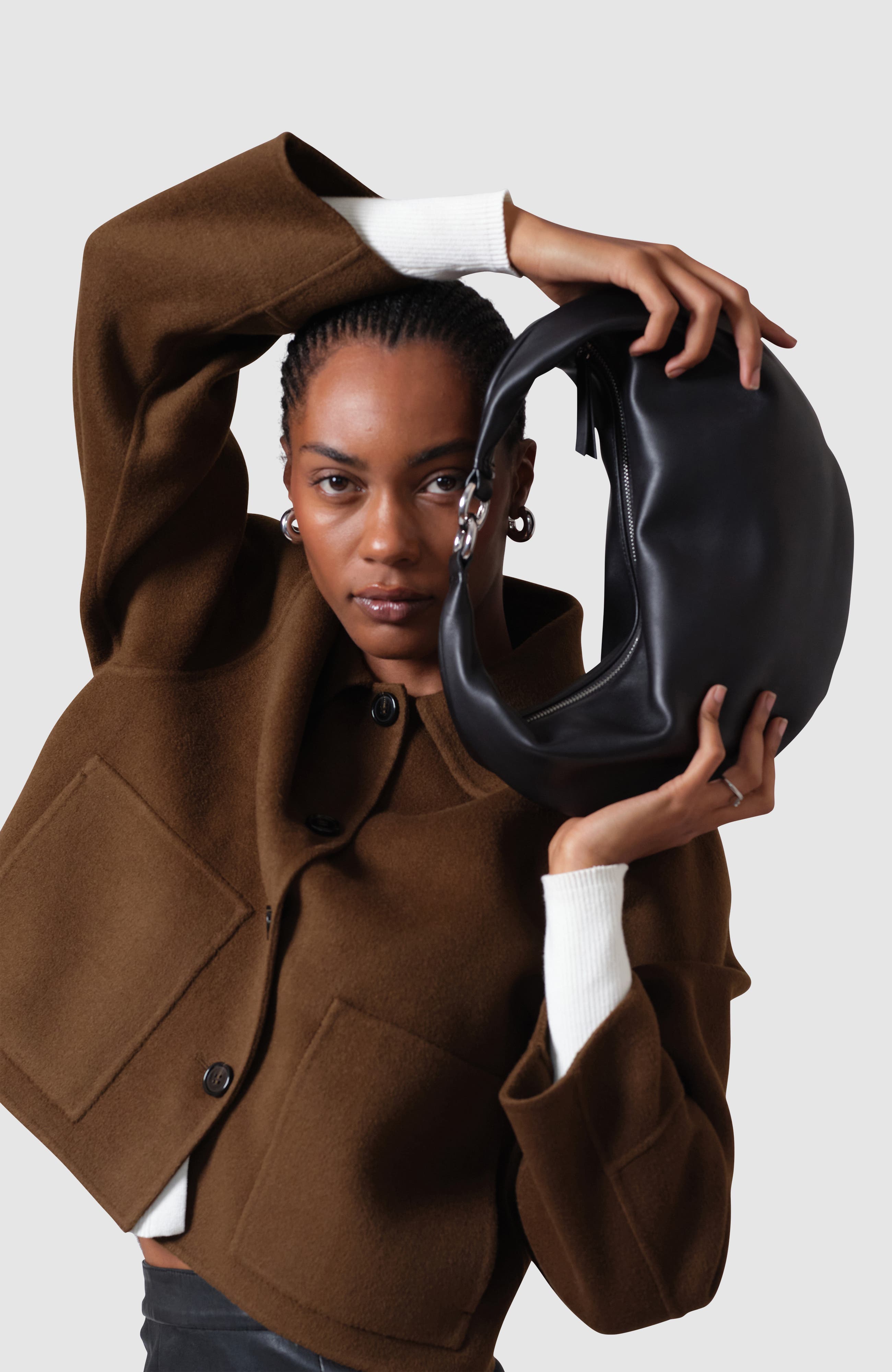 HYER GOODS Leather Convertible Hobo Ring Bag, Alternate, color, Black Silver