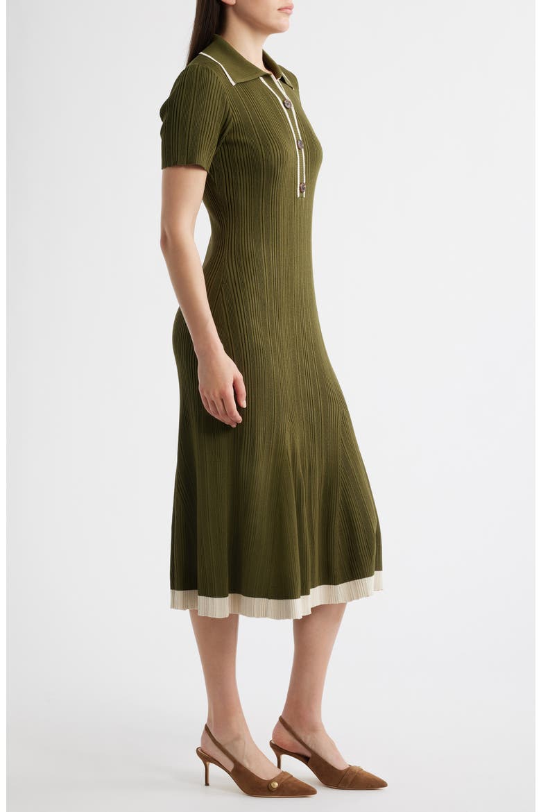 Short Sleeve Rib Polo Sweater Dress, Alternate, color, LIGHT OLIVE/ IVORY
