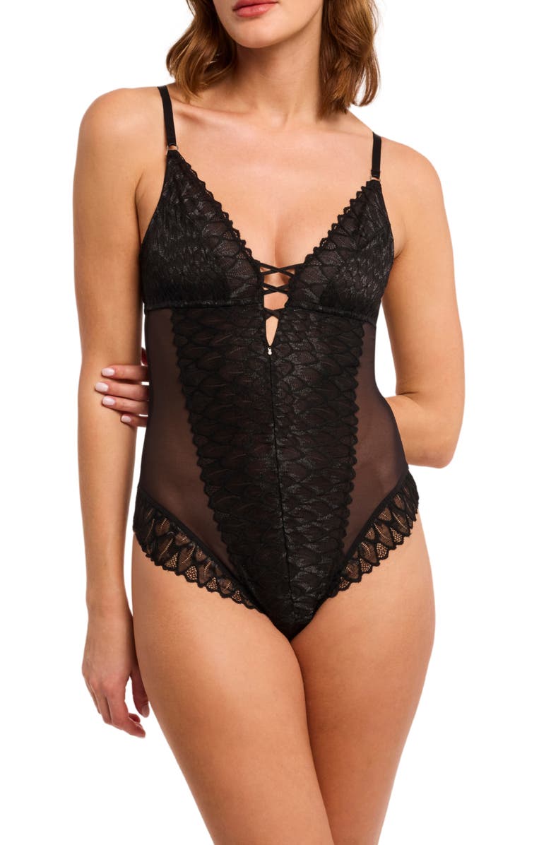 Montelle Intimates Lacy Teddy, Alternate, color, Black