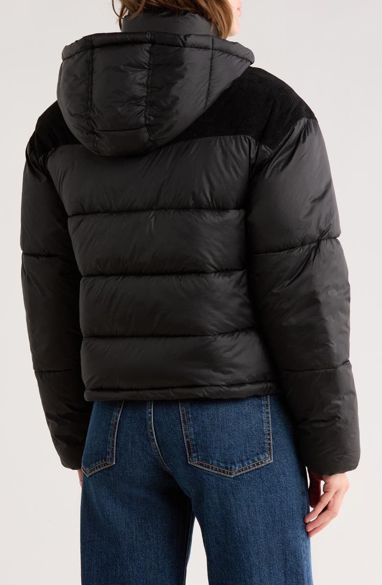 Lucky Brand Corduroy Trim Hooded Crop Puffer Jacket, Alternate, color, Black